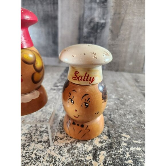 Vintage Salty & Peppy Retro Kitchen Salt Pepper Shakers Chef Large Wooden - Picture 3 of 8